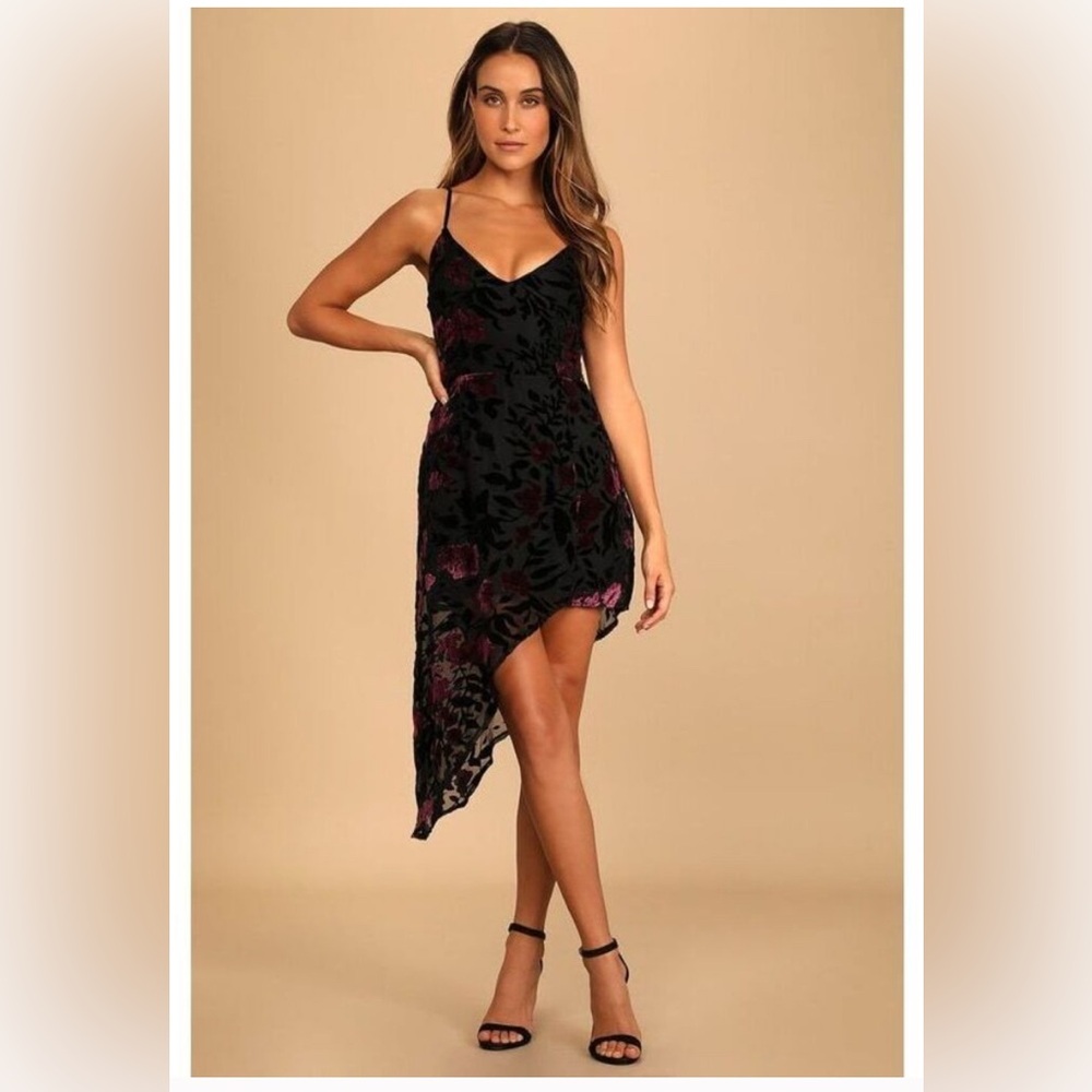 Lulus Evenings with You Black Floral Asymmetrical Velvet Dress Small